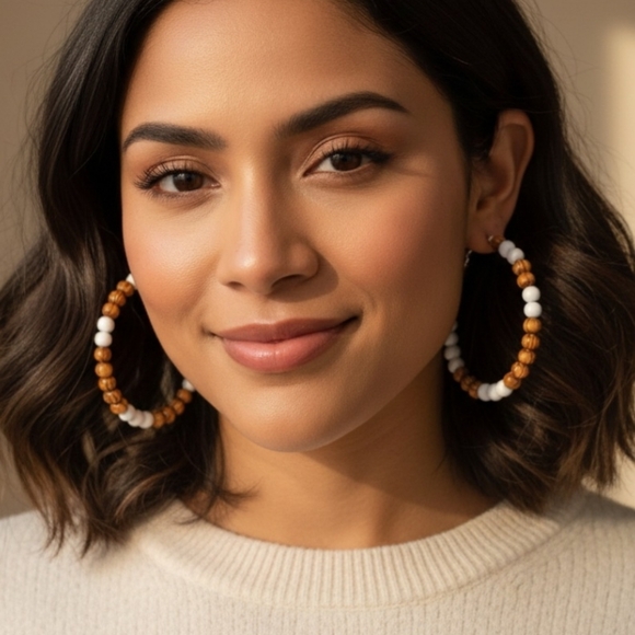 Large Hoop Earrings with Wooden Beads, Large Hoop Earrings 6.5 Cm - Picture 1 of 9
